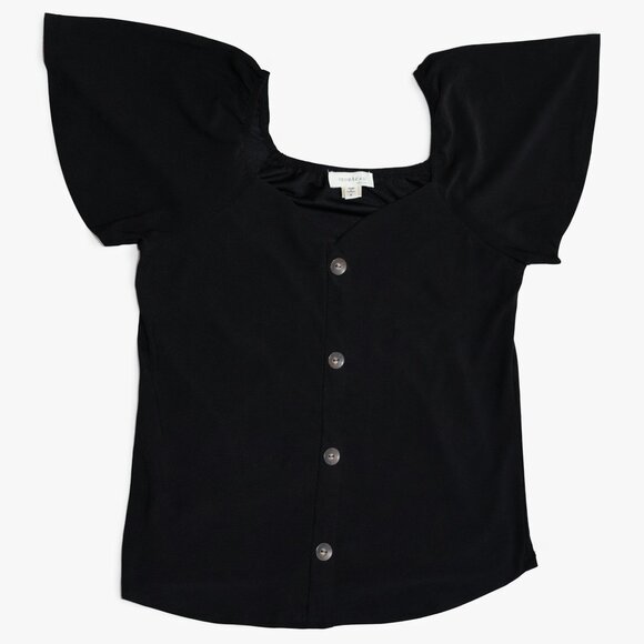 Monteau Black Button-Front Blouse | Women’s Square Neck Short Sleeve Top - Picture 2 of 4